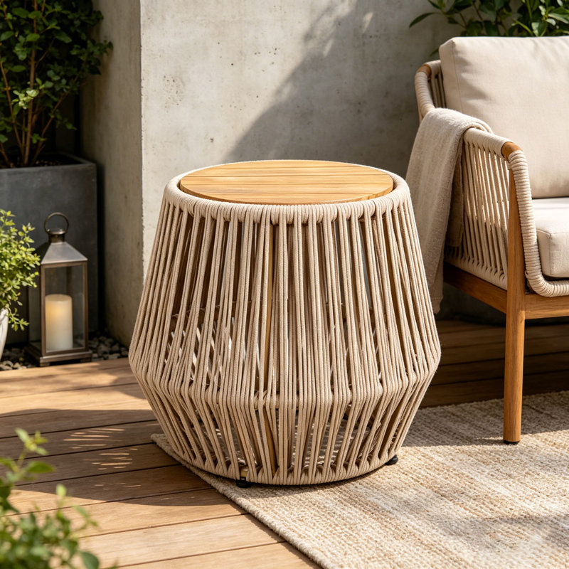 Table d'appoint en bois d'acacia avec base en corde beige, Beige, teck clair