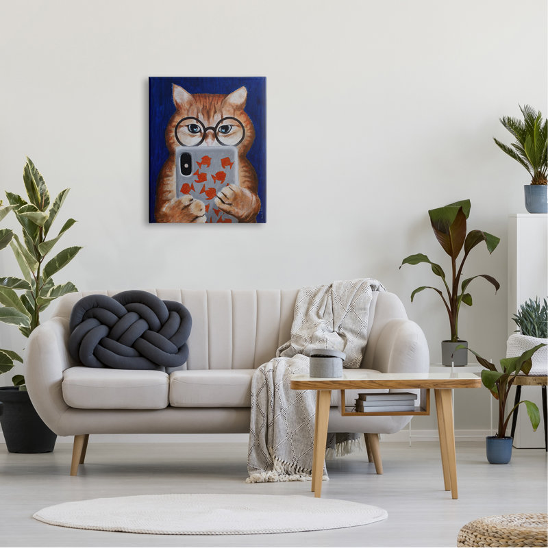 Illustration d'un chat amusant utilisant un téléphone et portant des lunettes par Coco de Paris - Peinture, Toile tendue