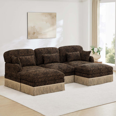 U-Shaped Chenille Sofa with Movable Ottomans and Tassel Detail