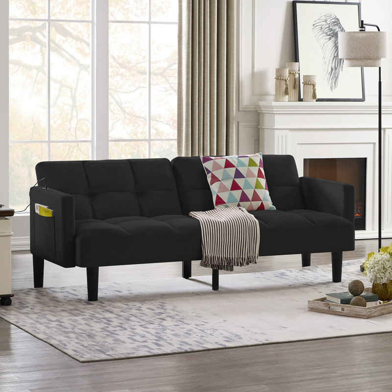 Velvet Futon Couch Convertible, Noir