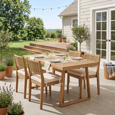 Acacia Wood Outdoor Dining Set For Multiple People, Thick Cushioned Chairs, Ideal For Balcony, Courtyard & Garden