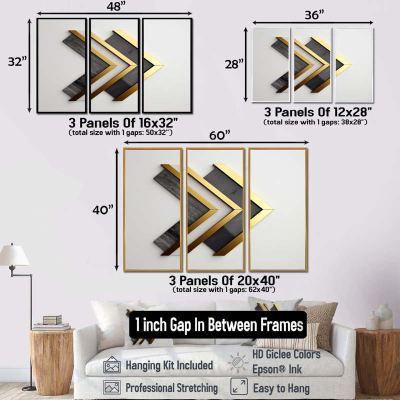 Ensemble de décorations murales géométriques grises et blanches, H 32 po x l 48 po x P 1 po, Cadre flottant doré