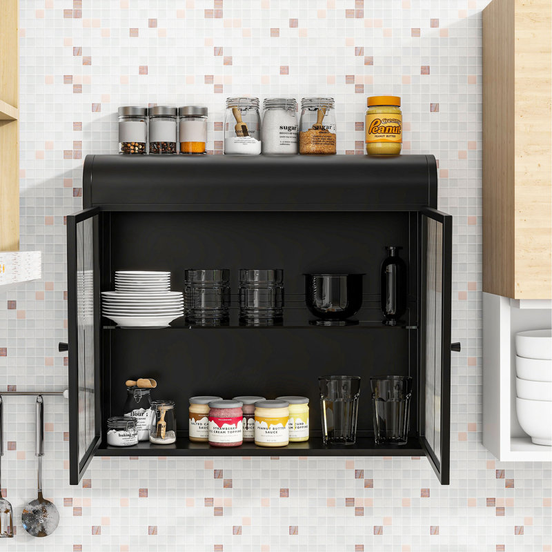 2-Door Wall-Mounted Metal Storage Cabinet With Tempered Glass Doors & Shelves For Bathroom, Kitchen, Living Room & Office