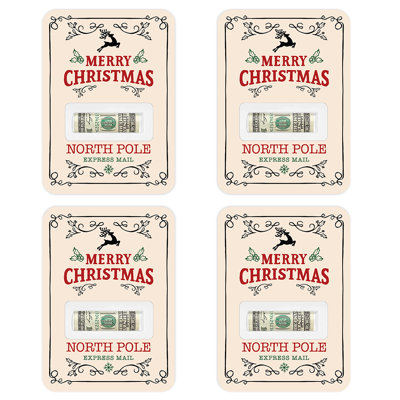 Merry Christmas Money Holders 4-Pack, Cash Gift Card Holders, North Pole Express Mail, Xmas Stocking Stuffers For Kids