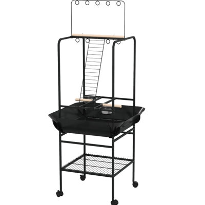 Multi - Purpose Bird Stand With Wheels For Small Parrot Lovers Four Movement, Three Perches, , Hanger, Two Stainless Steel Bowls, Storage Shelf And Pull Out Tray Simple Clean Up, Fir Wood, Dark Gray