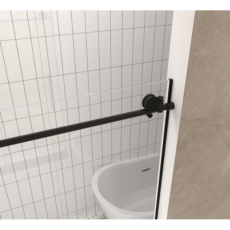 Porte de douche sans cadre l 44 à 48 po x H 76 po, verre trempé transparent de 1/4 po (6 mm), film antidéflagrant, poignée en acier inoxydable, noir mat