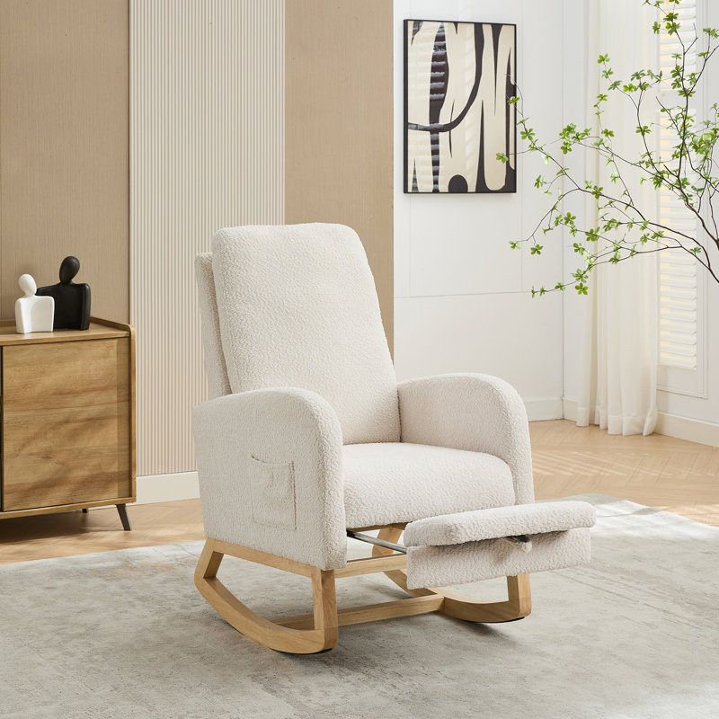 Lace Boucle Upholstered Rocking Chair with Retractable Footrest