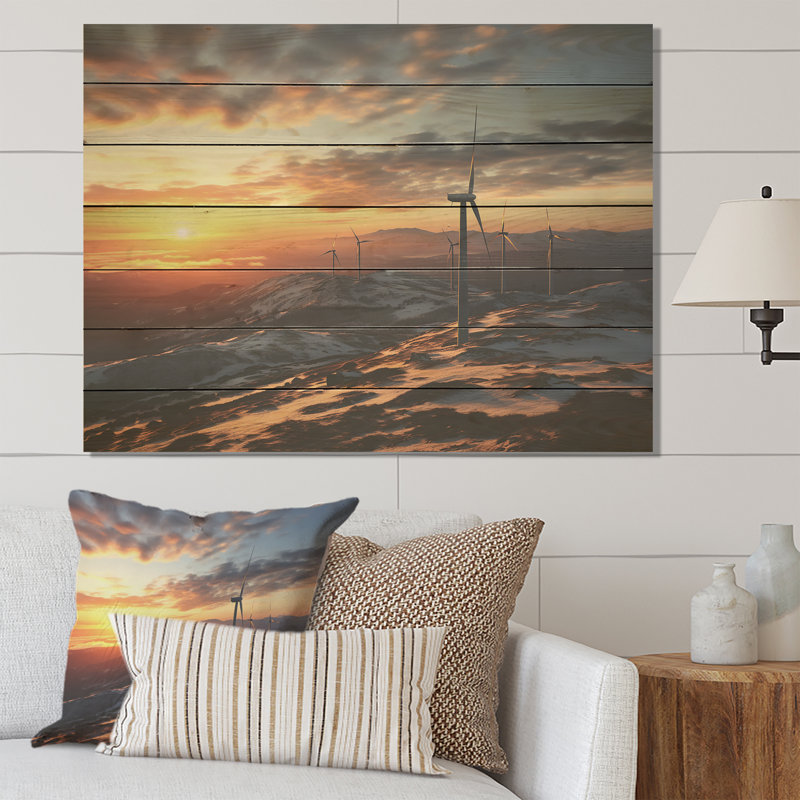 Sunset Wind Turbines Mountain View I - Wind Turbines On Wood Print, 34" H x 44" W x 0.78" D