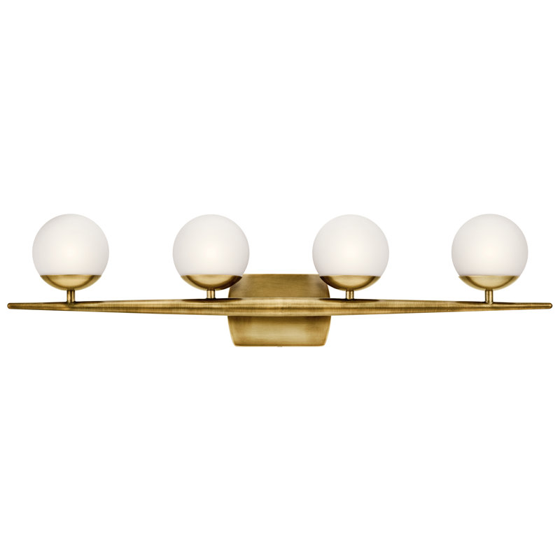 Kaylianie Natural Brass 4-Light Vanity Light with Satin Etched Opal Glass Shades, Natural Brass