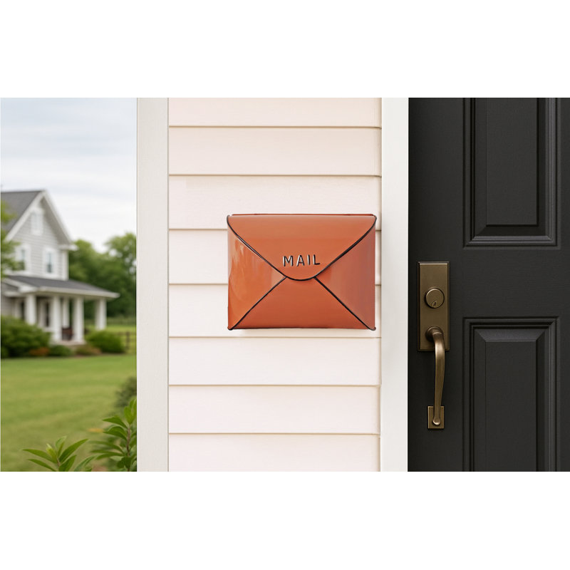 Envelope Steel Wall Mounted Mailbox, Terracotta with Black Rim
