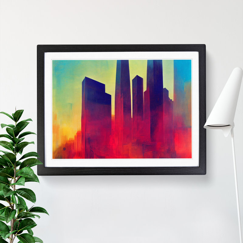 Endearing City Skyline Architecture Abstract - Single Picture Frame Painting, Black Framed, 46cm H x 64cm W x 2cm D
