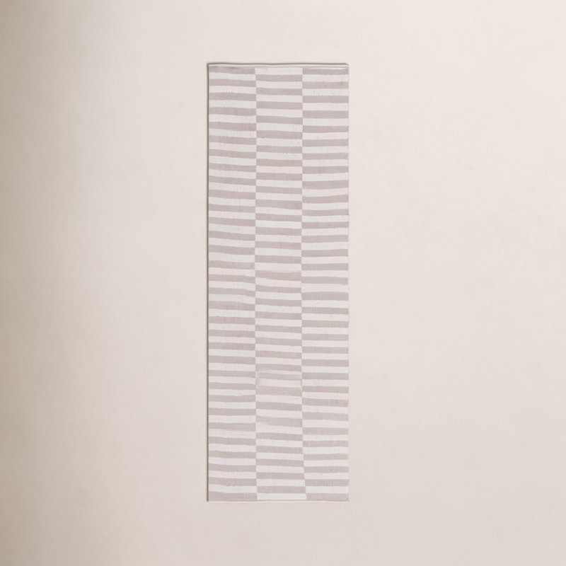 Ilona Striped Hand Loomed Cotton Area Rug in Ivory/Light Gray, Round 6'