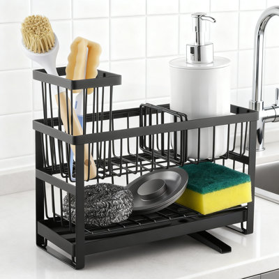 2-Tier Kitchen Sink Caddy Organizer With Rotating Drainage Spout, High Brush Holder & Divider For Sponges, Brushes, And Detergent Bottles