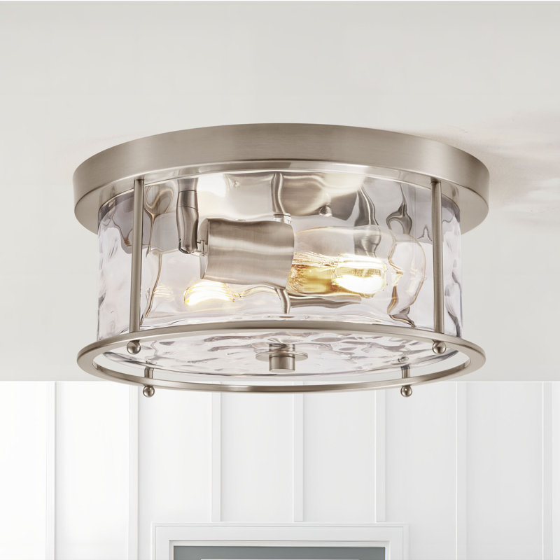 Alixandra 2-Light Flush Mount Hammered Glass Ceiling Light with Metal Frame, Brushed Nickel