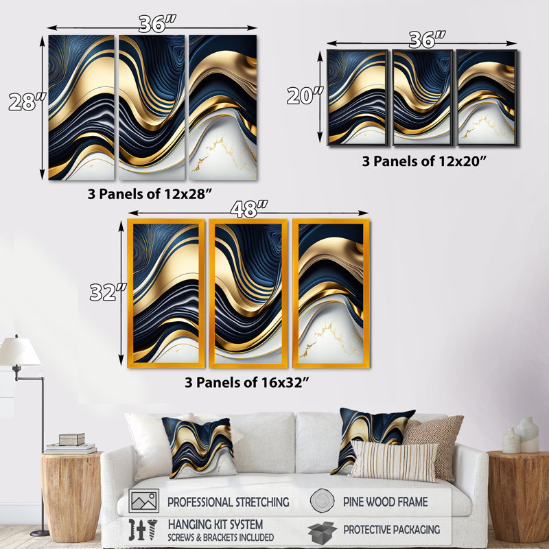 «Abstract Geode Waves Blue and Gold IV», reproduction sur toile 3 pièces, H 32 po x l 48 po x P 1 po, Cadre flottant doré