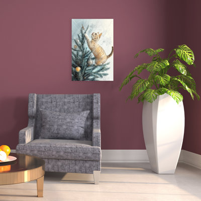 Playful Christmas Kitten Playful Abstract Contemporary Christmas Tree Pine Tree Cat Winter Landscape Wall Art Print 1 Piece Wrapped Canvas Wall Art