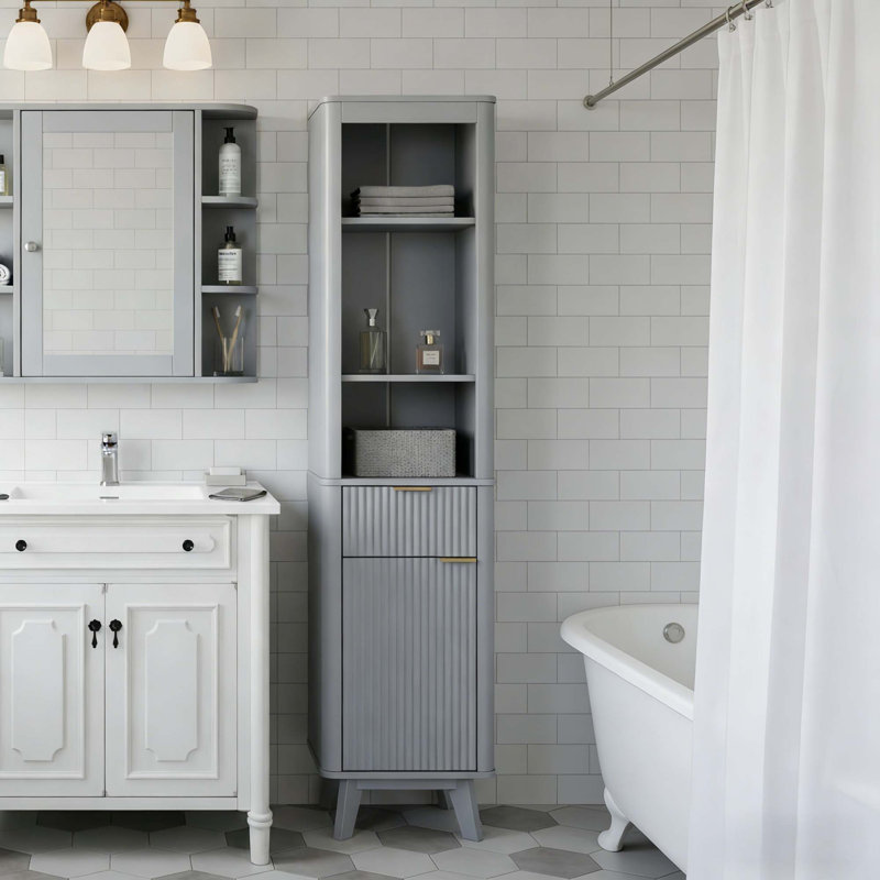 Modern Tall Storage Cabinet with Adjustable Shelves and Drawer, Gray