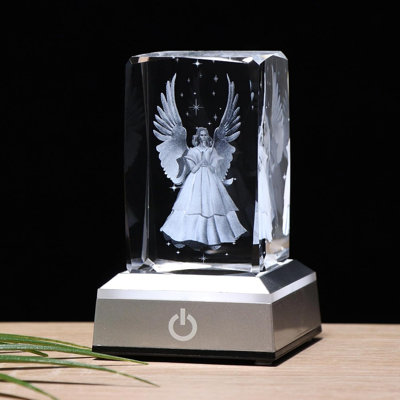 3D Laser Engraved Crystal Angel Figurine with Color-Changing LED Display Base