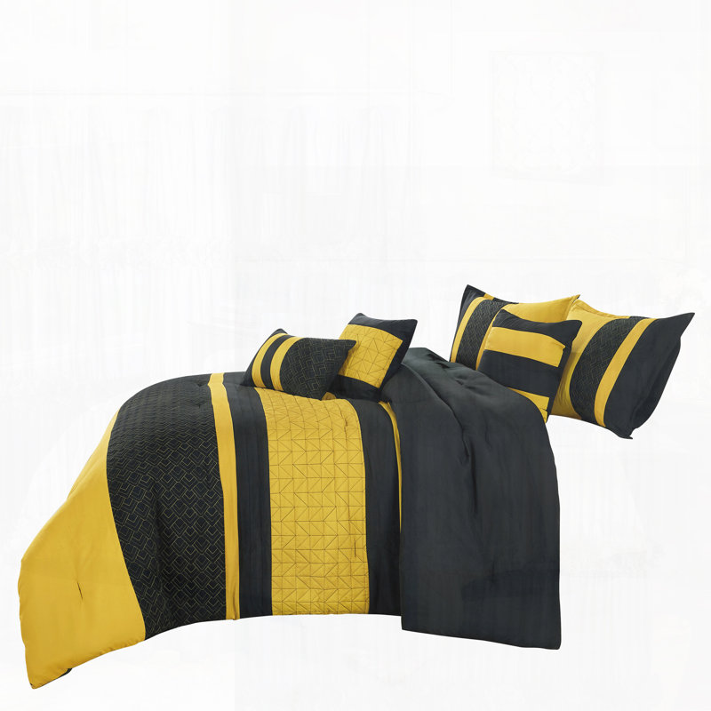 Ensemble d'édredon en microfibre matelassé noir et jaune 6 pièces avec motifs géométriques et coussins décoratifs