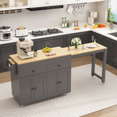 Îlot de cuisine 74,5 po avec table de salle à manger extensible, îlot de cuisine sur roulettes avec support à épices et 2 tiroirs