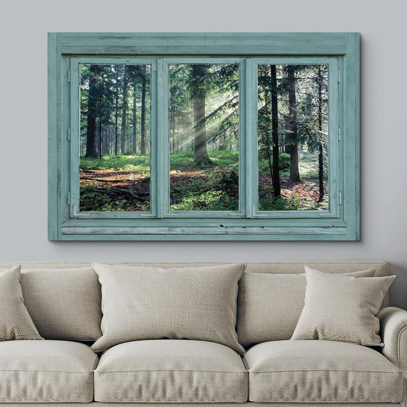 Window Scene " Window View Of Sunlight In The Forest Nature Pictures Rustic Landscape Vibrant ", 24" H x 36" W