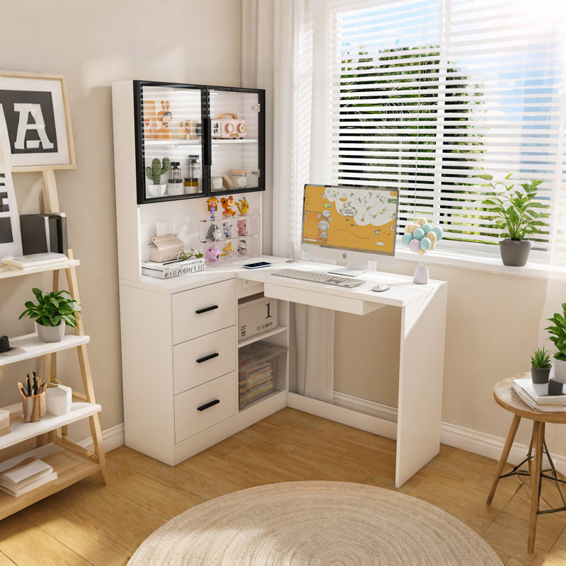 Ivy Bronx 47'' L-Shaped Computer Desk with LED Lighted Glass Hutch, 62'' High Corner Office Desk with 3 Drawers and Integrated Power Outlet