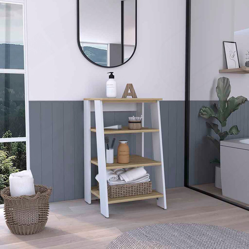 Armoire à linge, deux tablettes intérieures, deux tablettes ouvertes, une porte, Blanc/naturel
