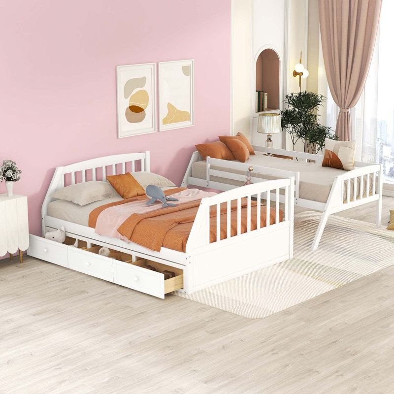Lit superposé avec tiroirs, échelle et escalier de rangement, Blanc