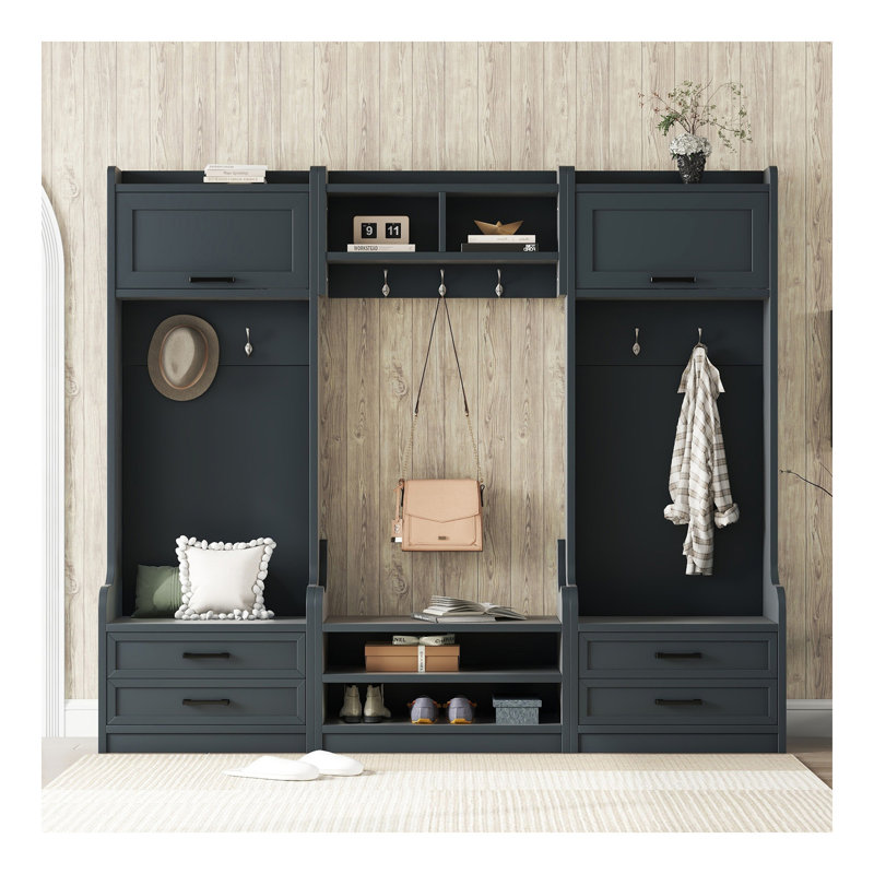 4-In-1 Detachable Hall Tree With Storage And 7 Hooks, Multiple Functions Hallway Coat Rack With Storage Drawers And Cabinet, Antique Blue Shoe Bench For Entryway Hallway