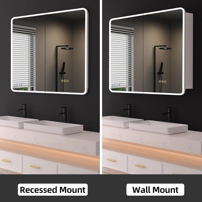 Cynethia Surface/Recessed Mount Medicine Cabinet with Mirror and 3 Adjustable Shelves, Rounded Edge, LED Lighting, Fog-free