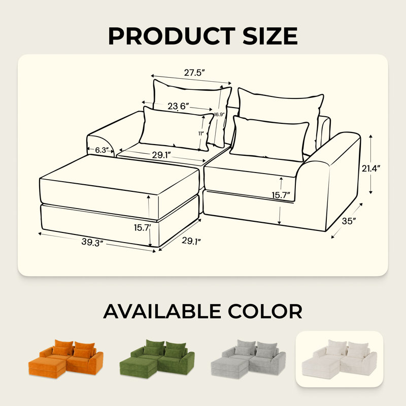 Boneless Modular Sectional Sofa - L-Shaped Cloud Couch Set with Ottoman, High Density Foam Cushions, Easy-Clean Performance Fabric, Free Combination Design