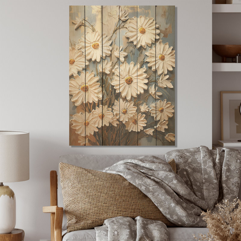 «White Daisy Blooming Elegance I» - marguerites blanches, art mural sur bois de pin naturel, H 20 po x l 10 po