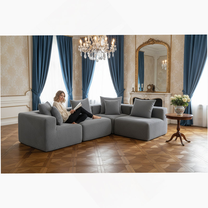 Boneless Modular Sectional For Living Room, Full-Foam Build, Textured Light Green Upholstery, Compact Compressed Package, Simple Assembly, Overall 111"X74"X24", 37" Module Size-Light Green