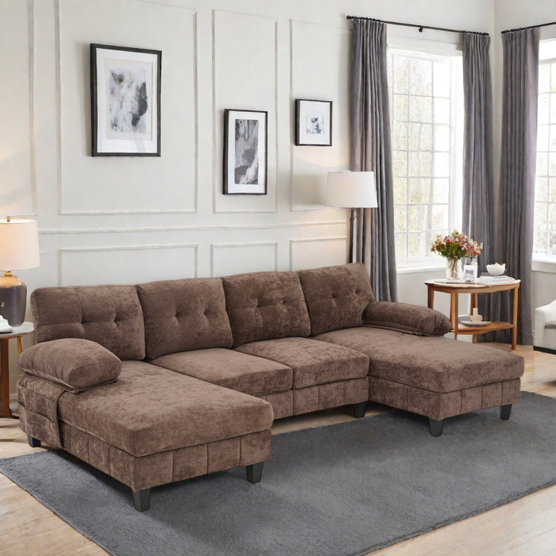 U-shaped sectional sofa with dual chaise lounges, storage pockets and armrest pillows, Chenille brun