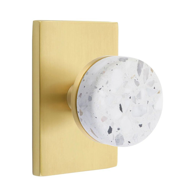 Mortaise intérieure Select Passage avec rosette rectangulaire et tige conique, bouton terrazzo clair (droite), Laiton satiné