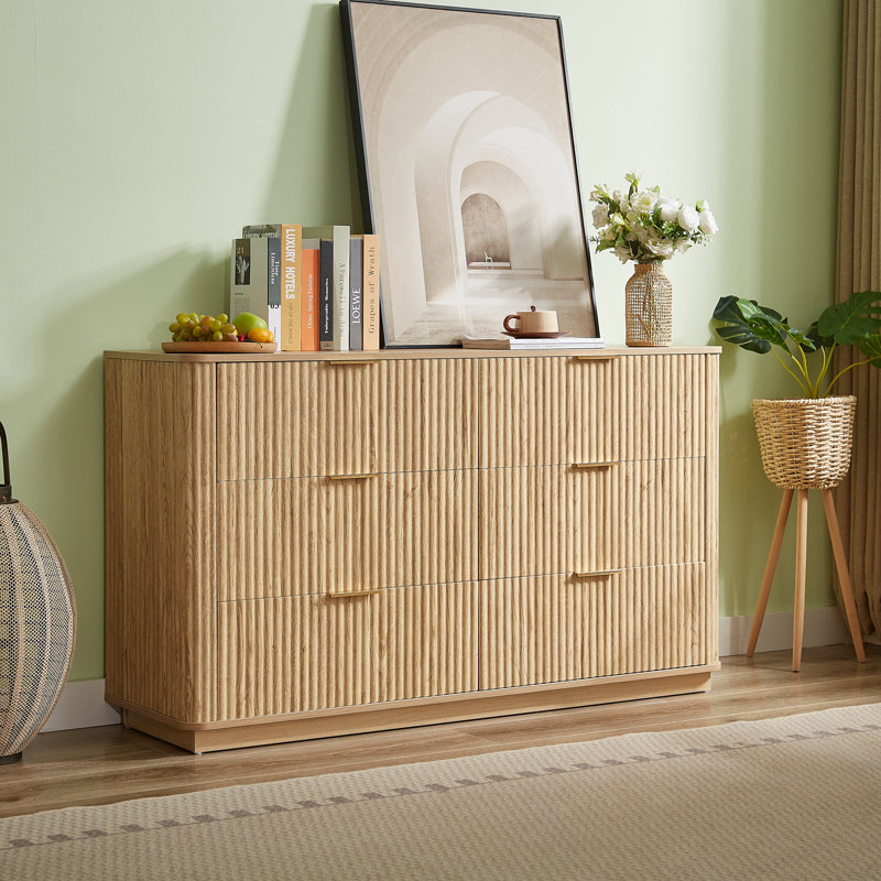 Commodes décoratives avec 6 tiroirs et poignées en métal, Naturel