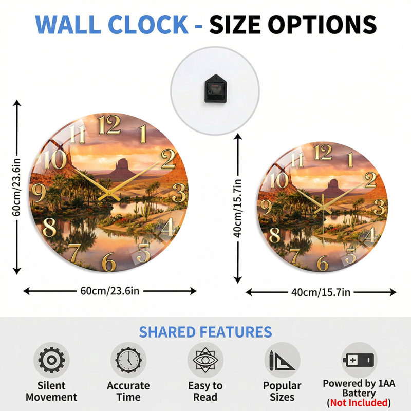 Horloge murale décorative en verre Desert Oasis, 60 x 60 cm (23,6 x 23,6 pouces)