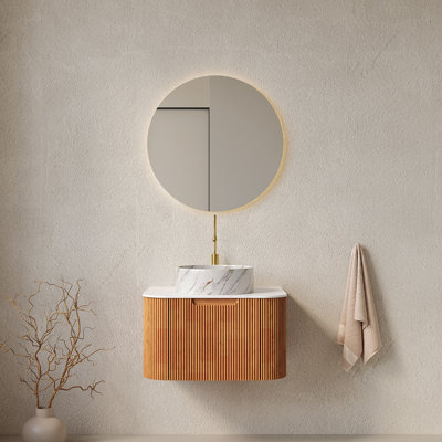 Meuble-lavabo de salle de bain avec lavabo à fixation murale à bords arrondis flottants avec tiroir, lavabo à meuble-lavabo mural avec tiroirs, lavabo rond en céramique blanc à motif de pierre, pré-assemblé