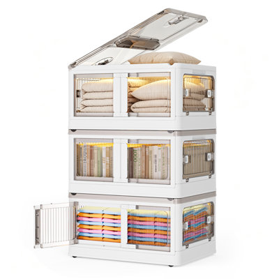 Stackable Foldable Storage Bins with Lid and Wheels (Set of 3)