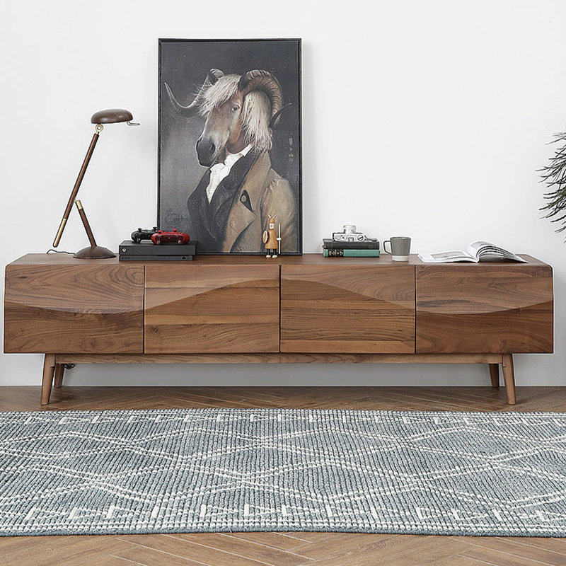 Meuble télé Mid-Century, console de télévision en bois moderne avec rangement pour armoires, portes ondulées, pieds en bois