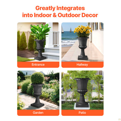 Plastic Urn Planters, 15.8 x 26.4 Inch, 2 Pack Black Classic Flower Pots Front Porch Planters, Indoor & Outdoor Vase for Wedding, Party, Event, Home, Stage, Garden, Balcony, Patio Decoration