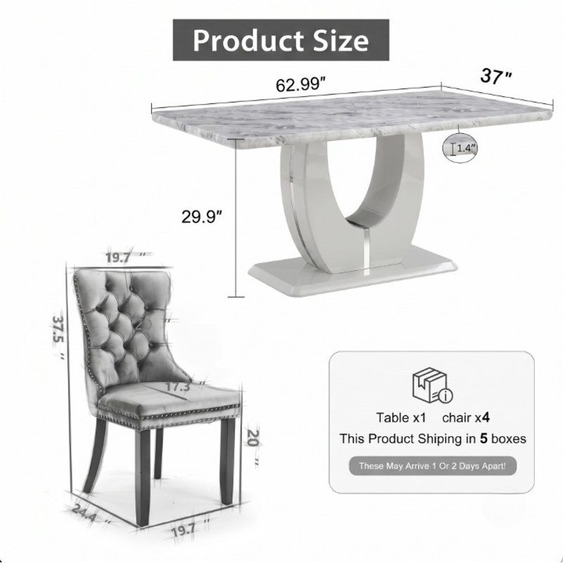 Modern 5-Piece Rectangular Faux Marble Dining Set with Upholstered Chairs, Black