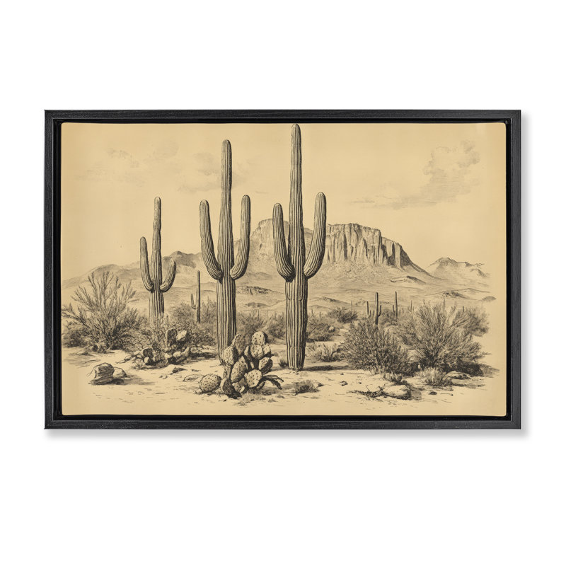 Cadre flottant Cactus Desert Vintage Landscape, par Petal Prints Design, H 17 po x l 25 po, Cadre flottant noir de jais