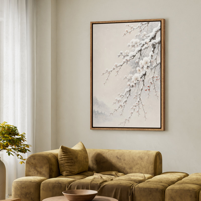 Framed Canvas Wall Art - Serene Snowy Blossom Branches in Misty Landscape - 16"x24", 24"x36", 24" H x 16" W, Natural
