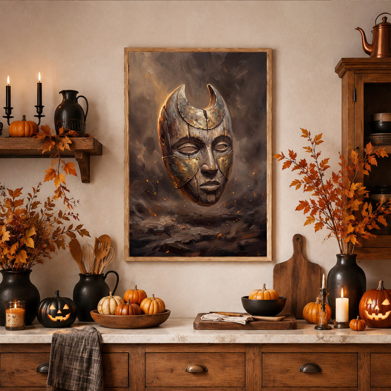 Masque à cornes en bronze avec braises incandescentes - Décoration murale sur toile pour l'Halloween, 48"H x 36"W