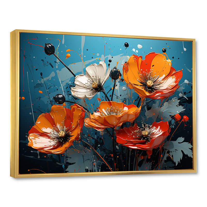 Bouquet de coquelicots orange et bleu I - coquelicots, art mural, Cadre flottant doré, H 34 po x l 44 po x P 1,5 po