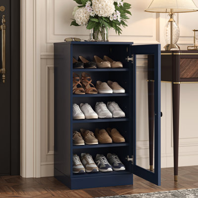 100% Solid Wood Narrow Glass Door Shoe Storage Cabinet with Adjustable Shelves, Space Saving Stackable Organizer, 16.5" W x 35.75" H