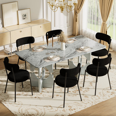 Ensemble de salle à manger moderne 5/7 pièces, table en marbre et chaises en peluche 4/6 Design compact et peu encombrant pour la salle à manger et la cuisine