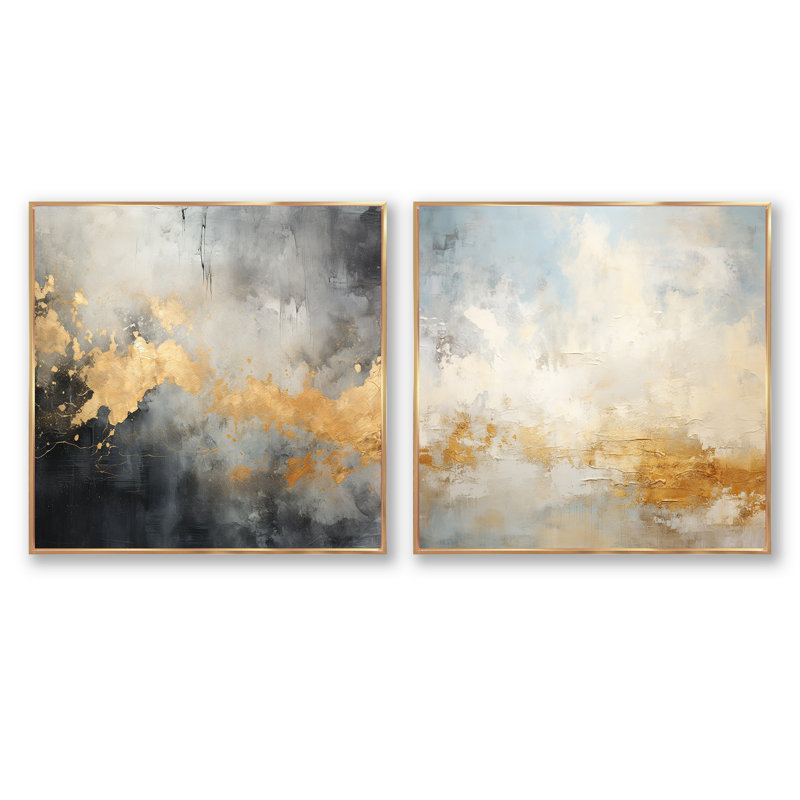 Elegant Sky Whispers - Ensemble de 2 collages carrés abstraits, Cadre flottant doré, H 30 po x l 61 po