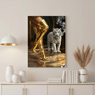Gallery Wrap，Canvas Wall Art for Living Room, Bedroom, Office or Entryway – Decorative Wall Decor with Golden Boots   White Tiger